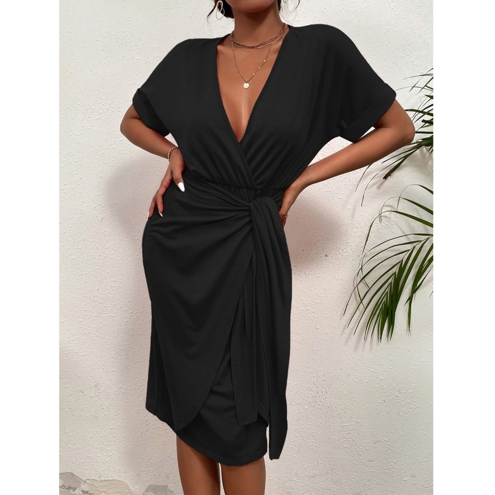 Black V-Neck Short Sleeve Tie Front Skirt Dress - Picture 6 of 7